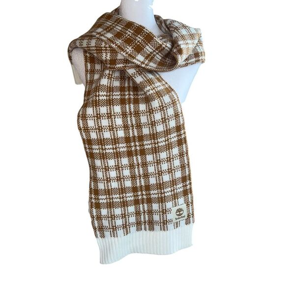 Timberland Buffalo Plaid Knit Scarf Tan Cream NWT - Picture 4 of 8